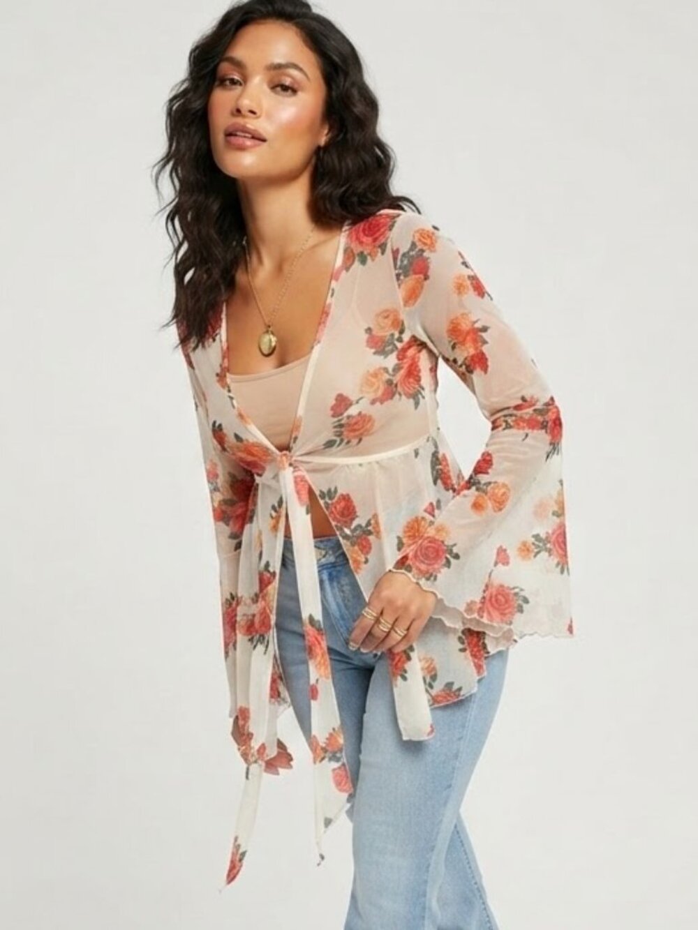 Floral Mesh Tie Front Blouse Women's Size XS White Red Rose Boho Cottagecore Y2K
